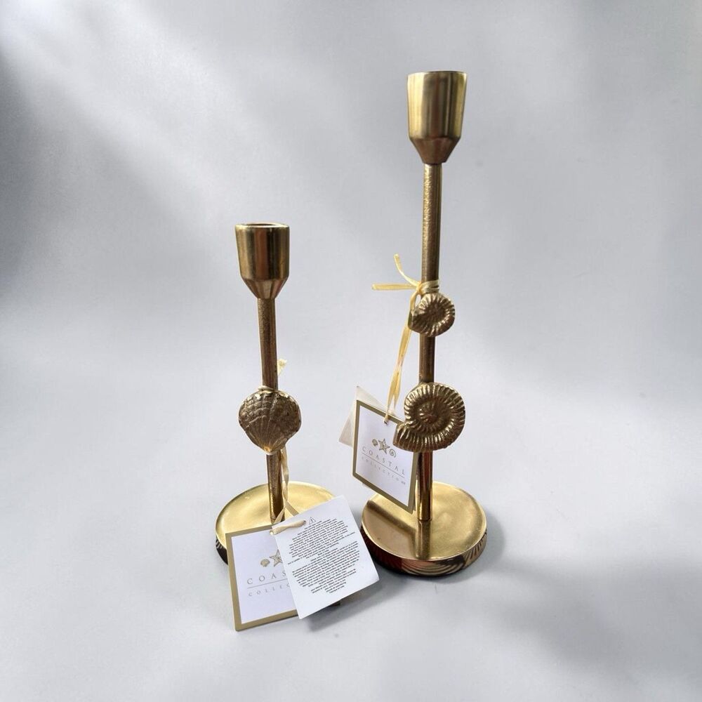 Coastal Collections Brass Candlestick Holders Seashell Pattern 8.5” And 11.5”